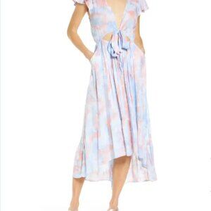 Tiare Hawaii Black Cover-Up Maxi Dress One Size Salmon Aqua and Blue Smoke